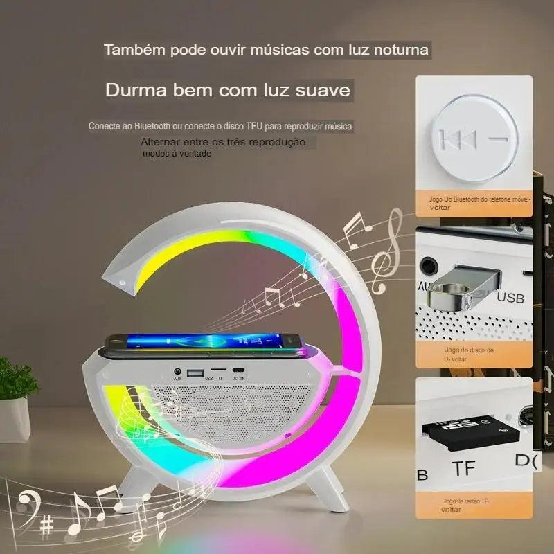 Luminária de Mesa LED RGB com Caixa de Som Sem Fio e Carregador Bluetooth, Criando uma Atmosfera Sonora e Visual - Amprezz