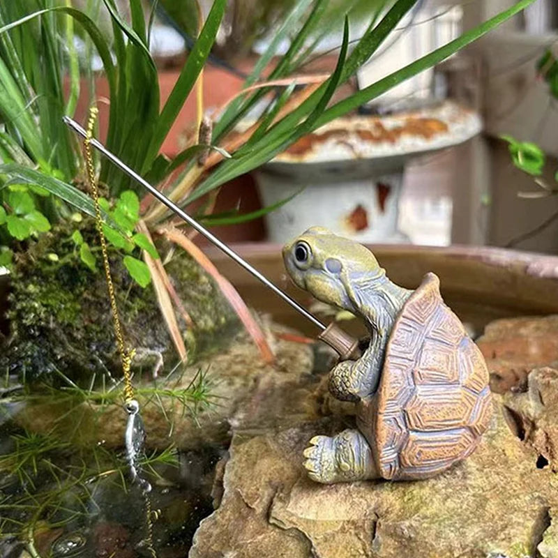 Estátua de Tartaruga de Pesca com Corda  Escultura de Resina Divertida para Decoração de Jardim