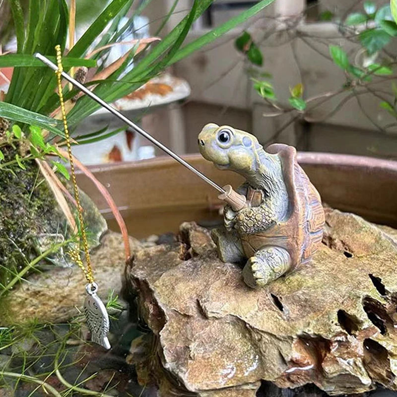 Estátua de Tartaruga de Pesca com Corda  Escultura de Resina Divertida para Decoração de Jardim