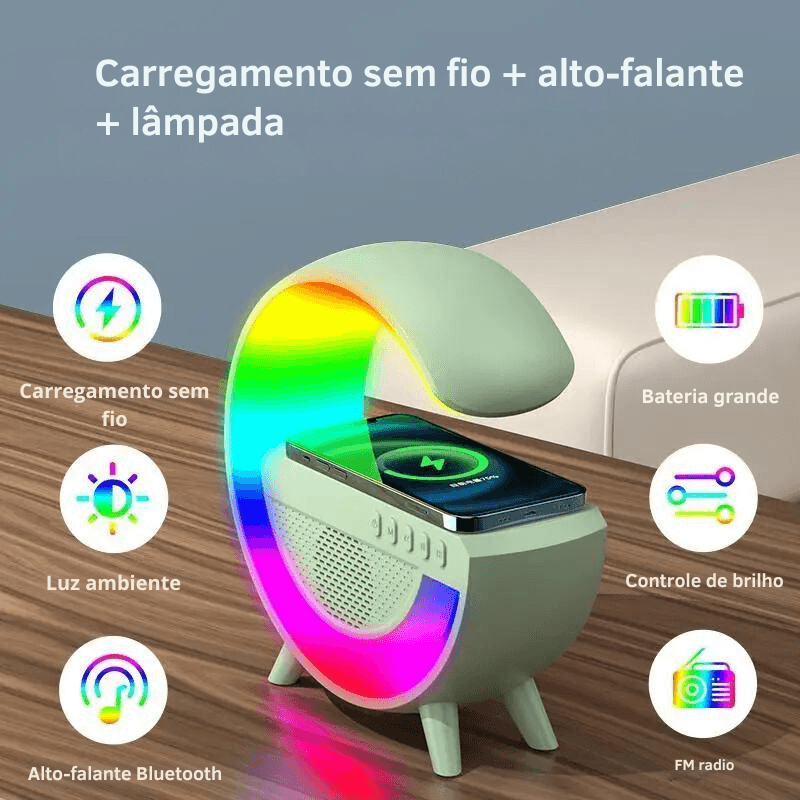 Luminária de Mesa LED RGB com Caixa de Som Sem Fio e Carregador Bluetooth, Criando uma Atmosfera Sonora e Visual - Amprezz